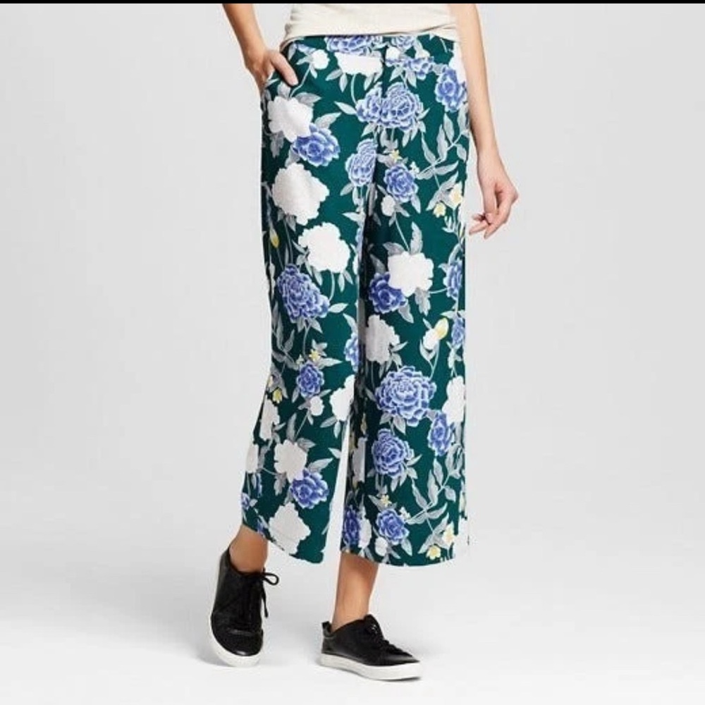 Wide-Leg Crop Higher Mid Rise Relaxed Hip Thigh Green Floral Pants Womens XL New